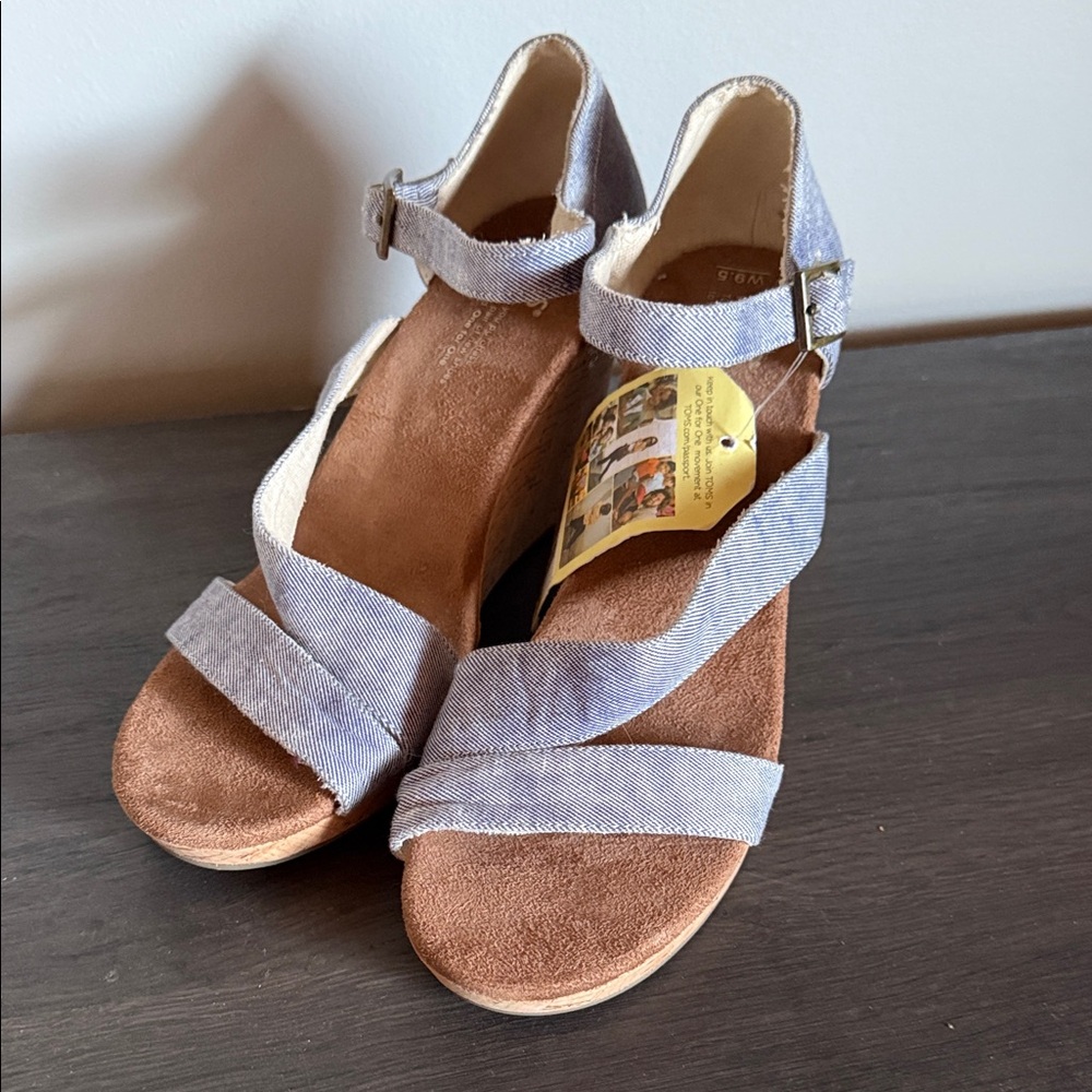 Toms Blue Denim Strappy Wedge Sandals
